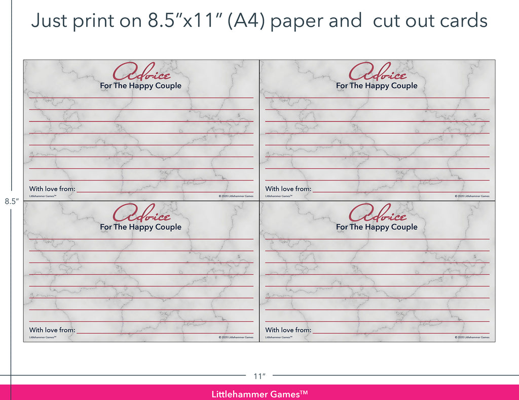 Rose gold and marble Advice for the Happy Couple game cards with printing instructions