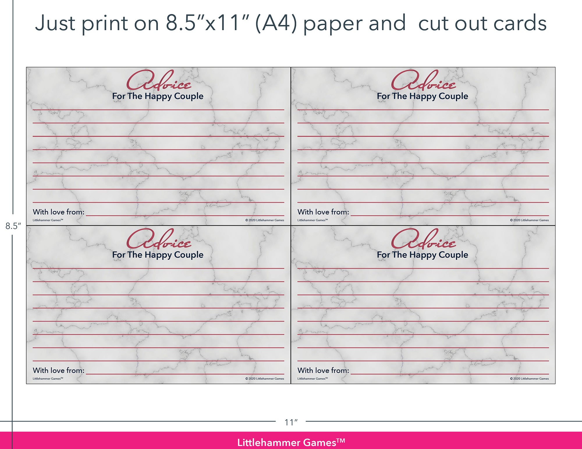 Rose gold and marble Advice for the Happy Couple game cards with printing instructions