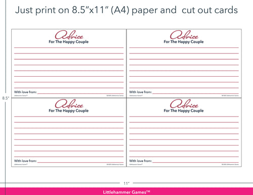 Rose gold and white Advice for the Happy Couple game cards with printing instructions