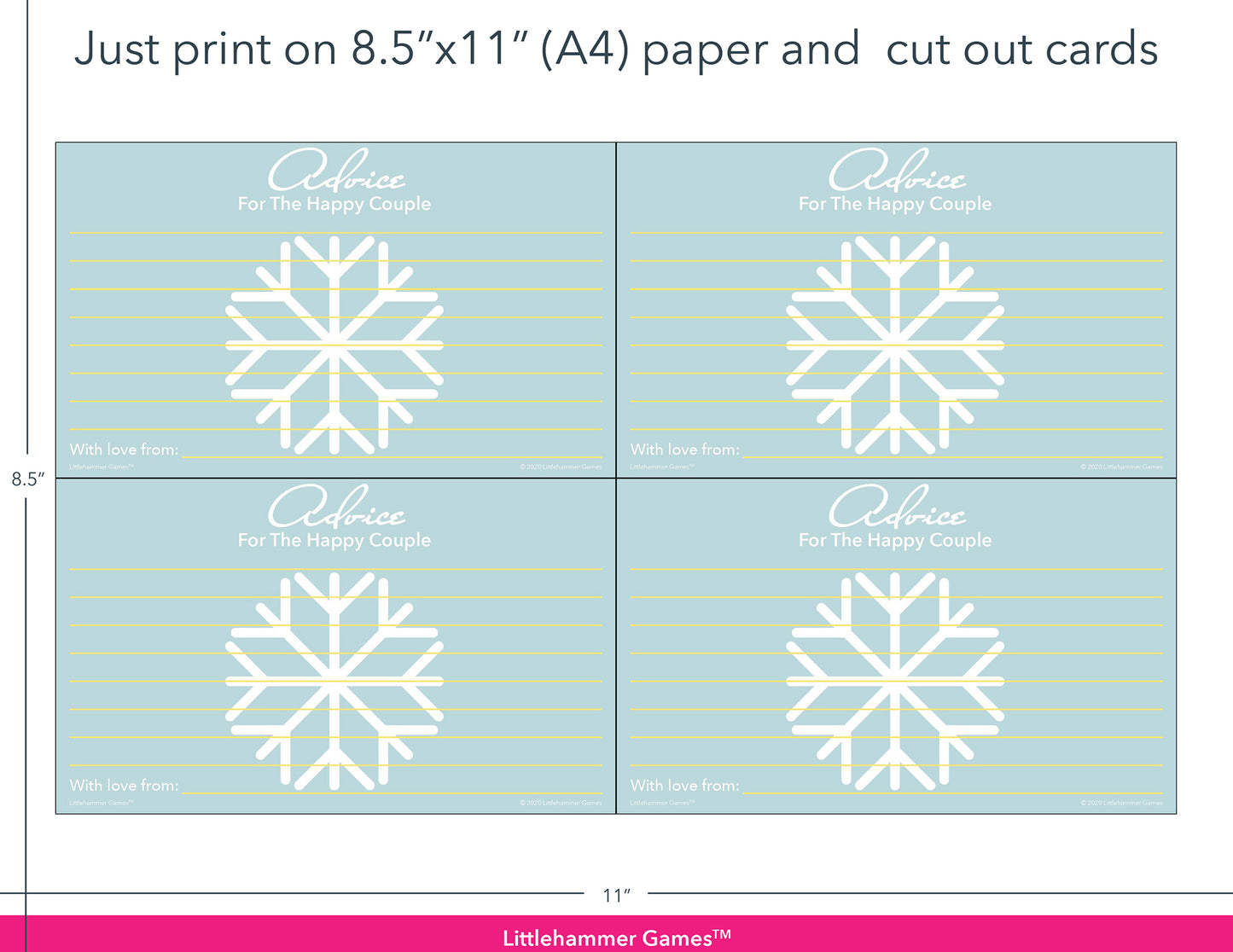 Snowflake-themed Advice for the Happy Couple game cards with printing instructions