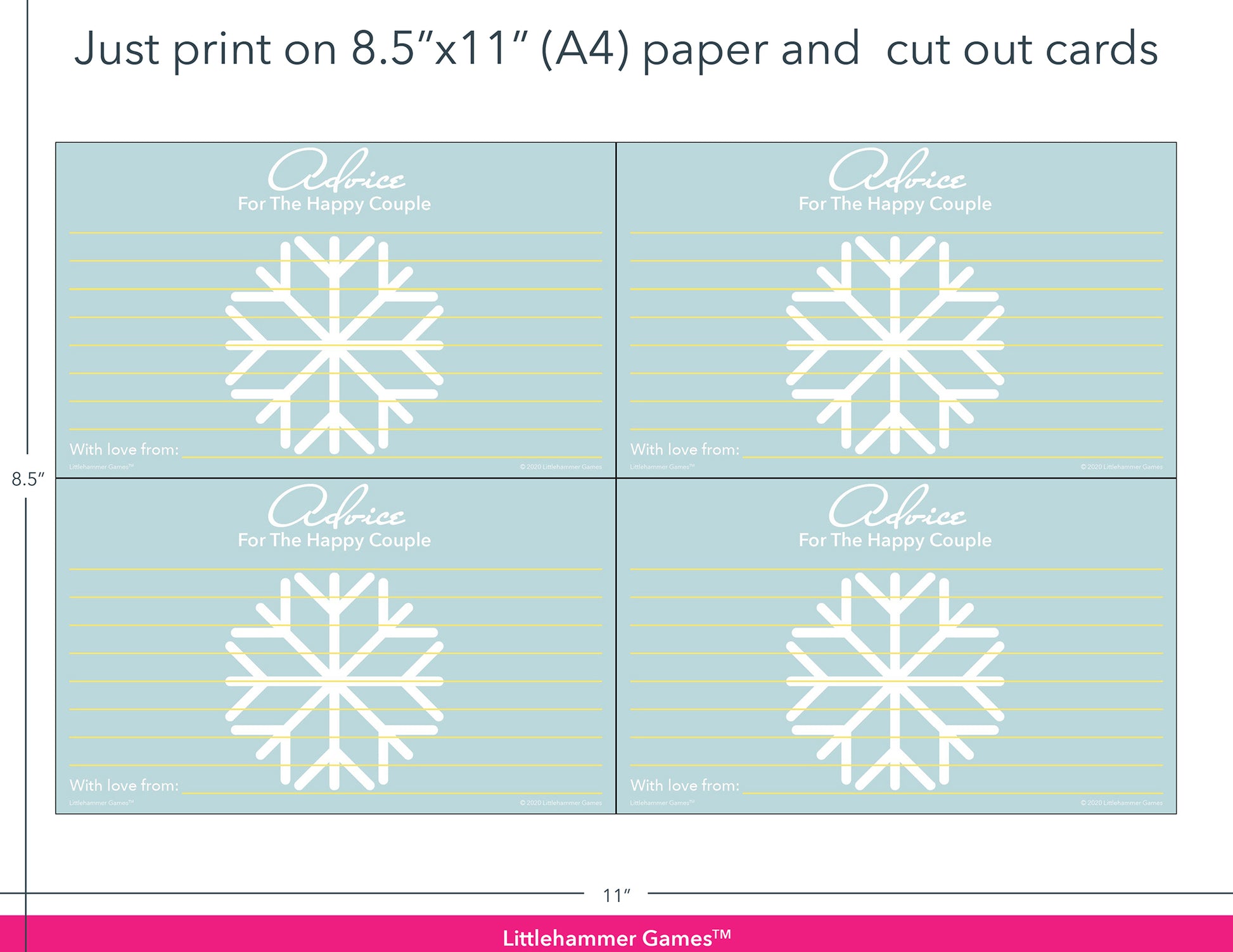 Snowflake-themed Advice for the Happy Couple game cards with printing instructions