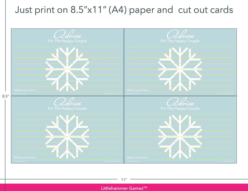 Snowflake-themed Advice for the Happy Couple game cards with printing instructions