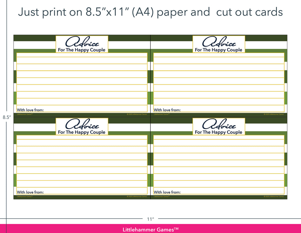 Green-striped Advice for the Happy Couple game cards with printing instructions