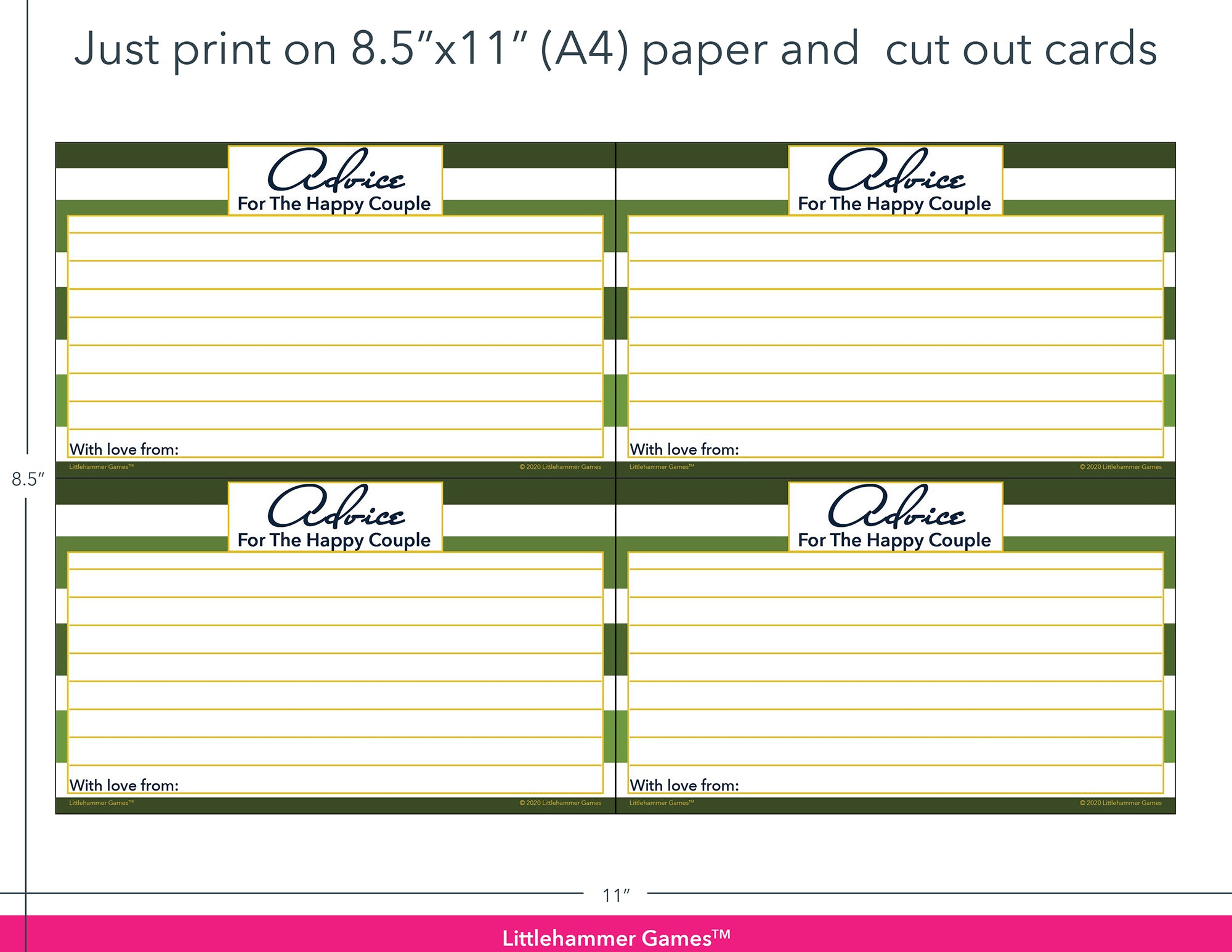 Green-striped Advice for the Happy Couple game cards with printing instructions
