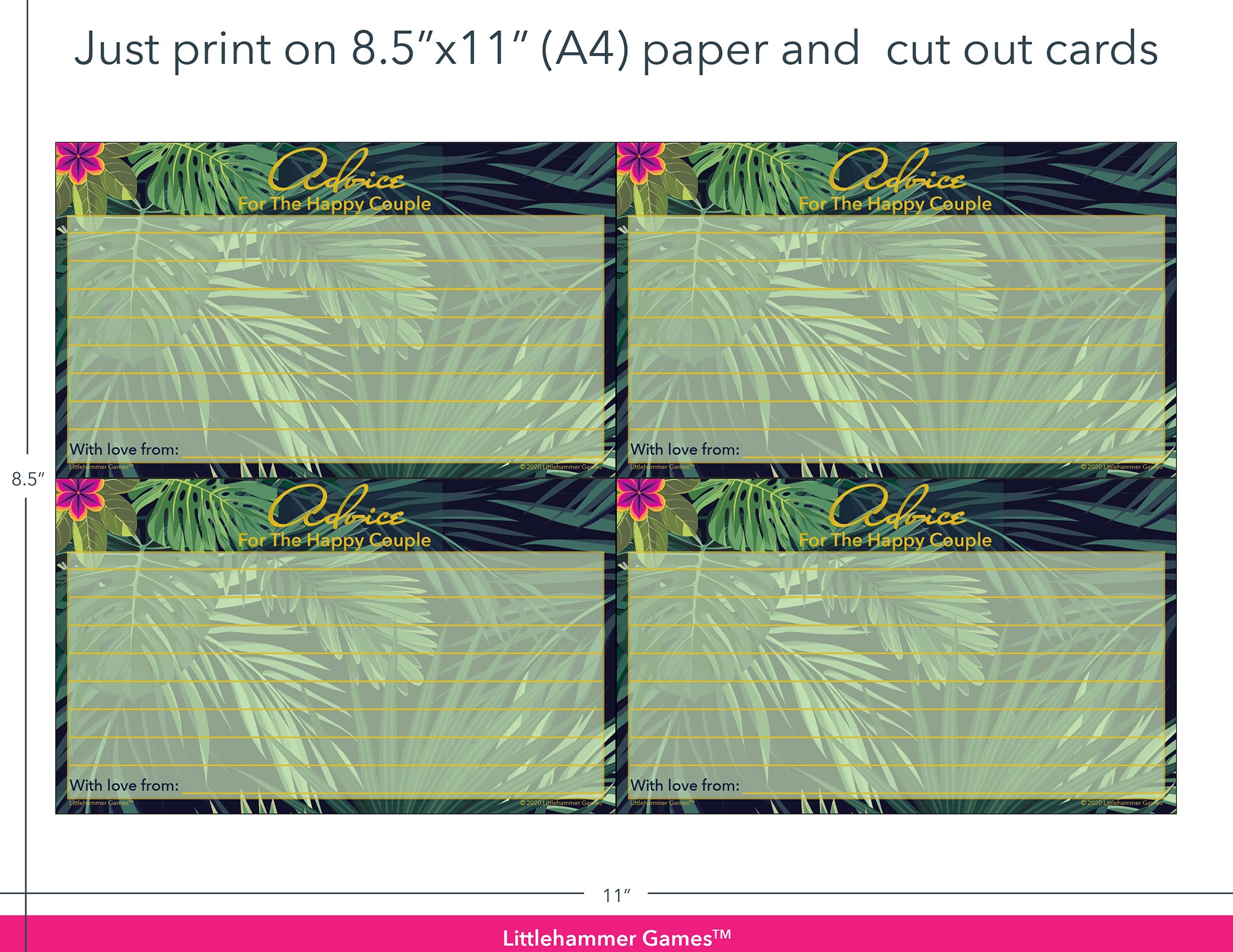 Tropical-themed Advice for the Happy Couple game cards with printing instructions