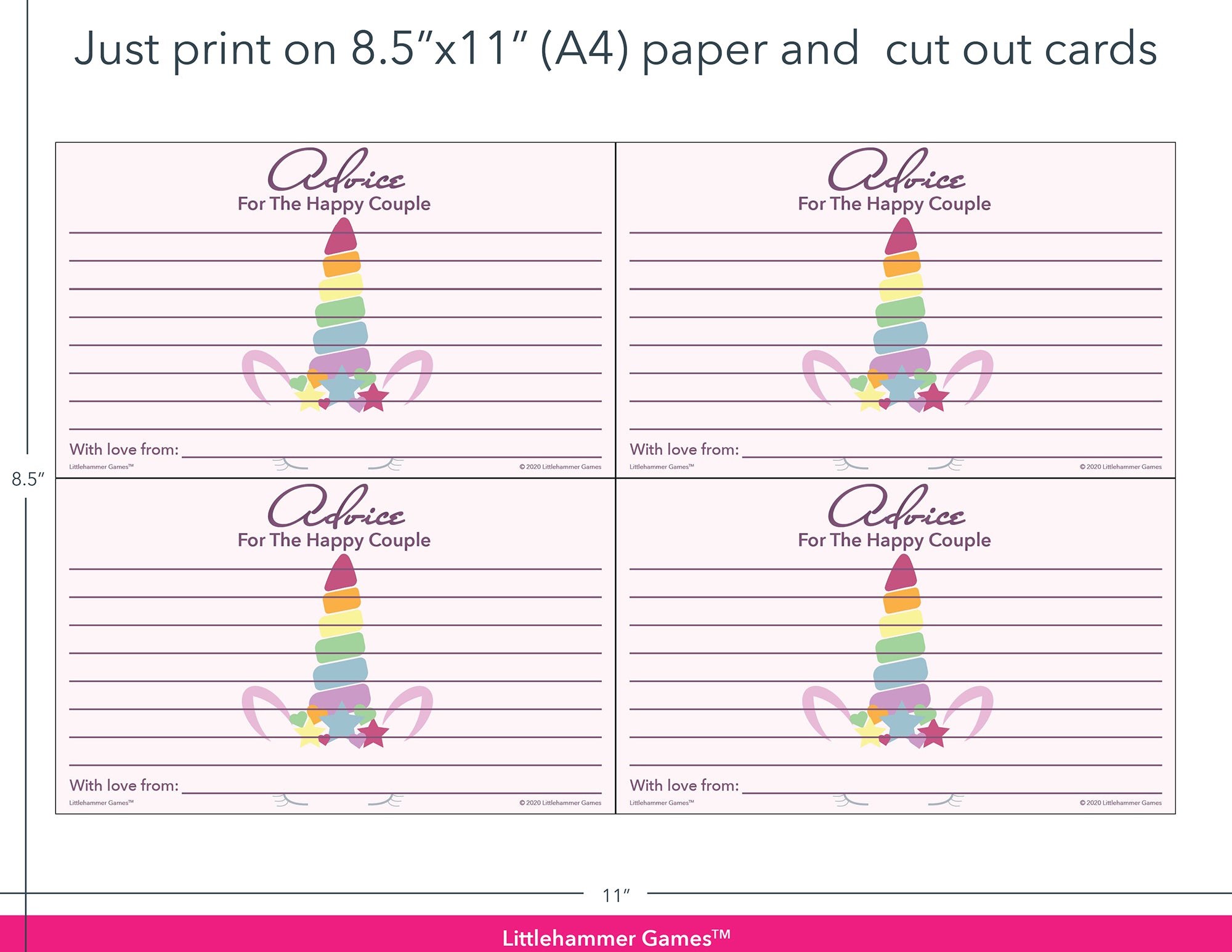 Unicorn-themed Advice for the Happy Couple game cards with printing instructions