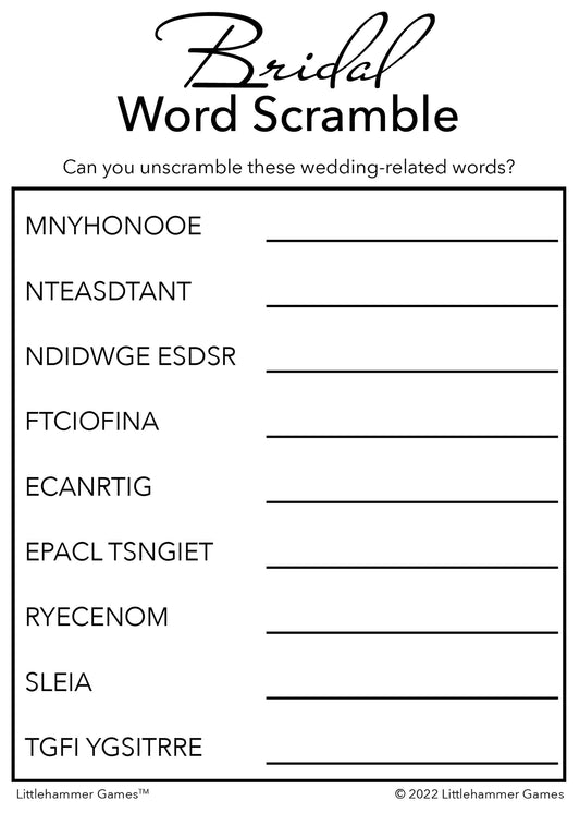 Bridal Word Scramble game card with a minimalist black and white background