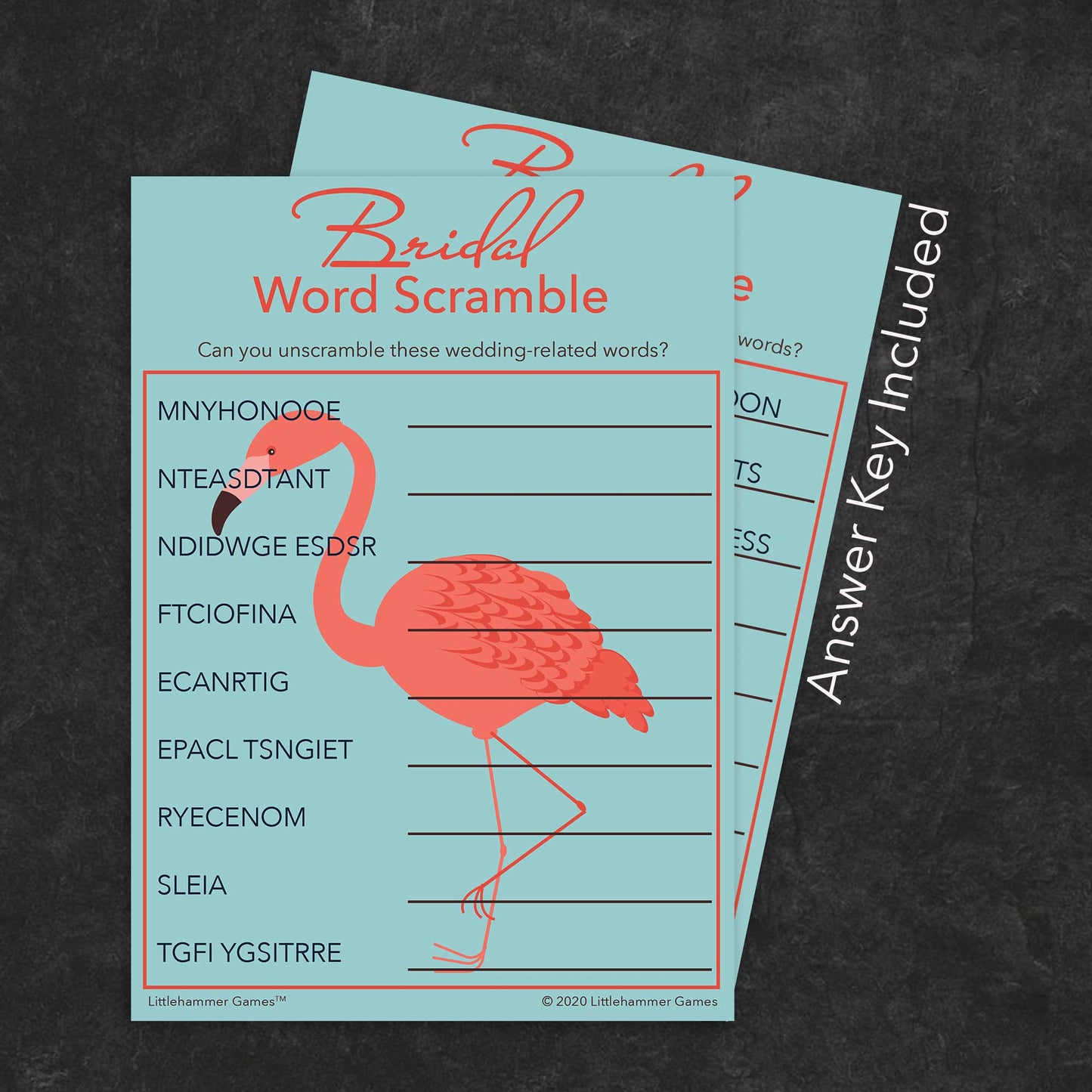 Bridal Word Scramble game card with a flamingo background with answer card tucked behind it on a slate background with white text that says "Answer Key Included"