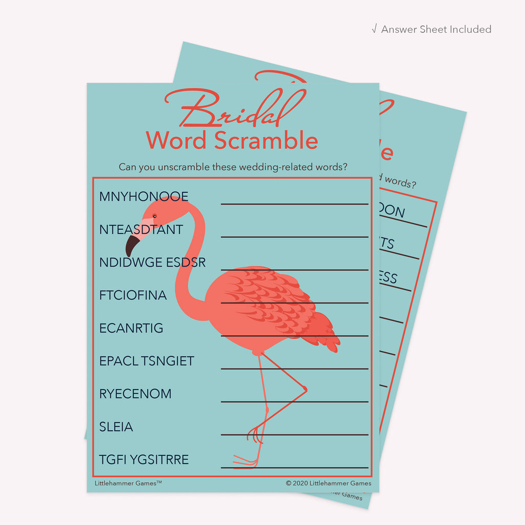 Flamingo on a blue background Bridal Word Scramble printable card with coordinating answer sheet displayed