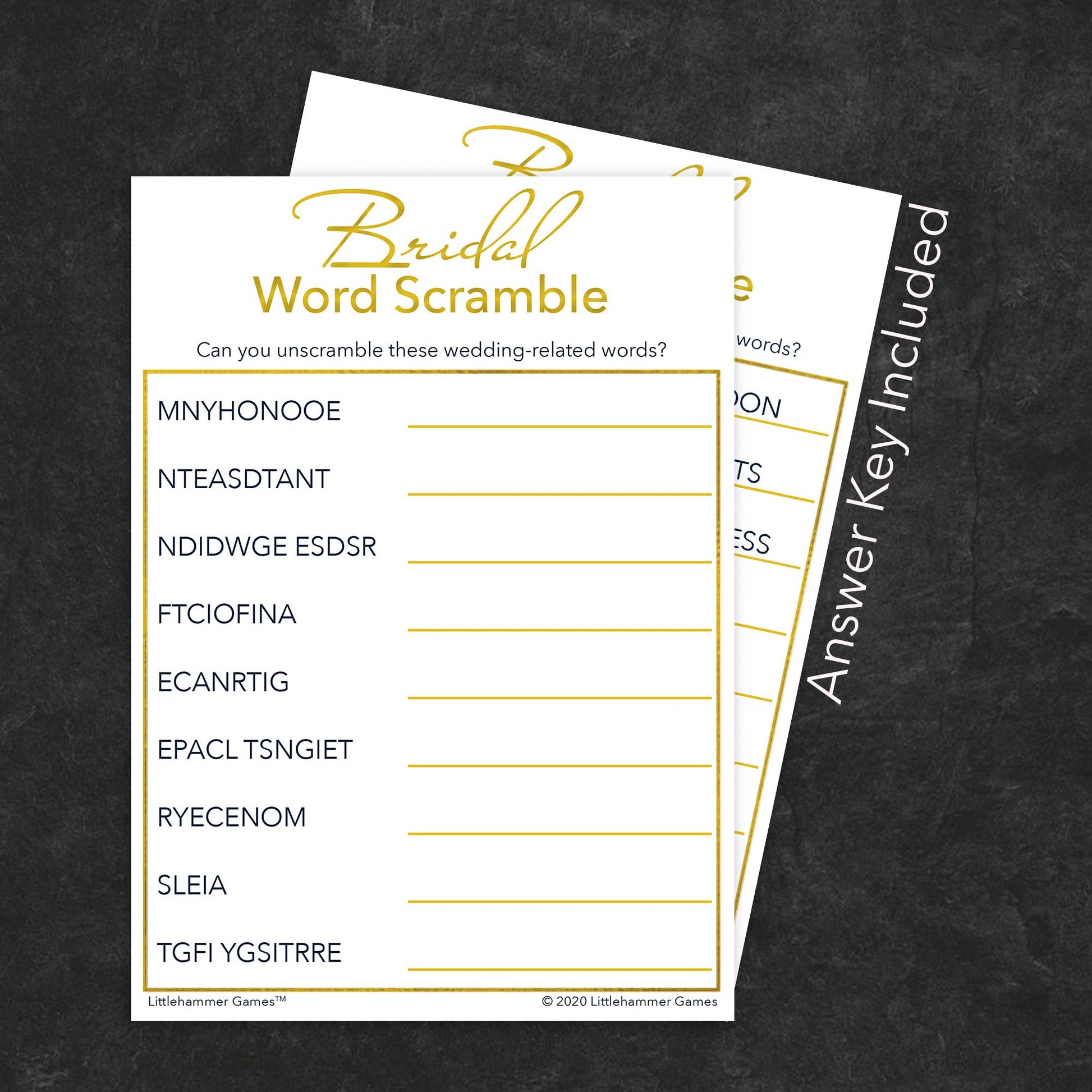 Bridal Word Scramble game card with a gold and white background with answer card tucked behind it on a slate background with white text that says "Answer Key Included"