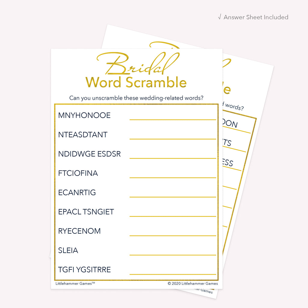 Gold and white Bridal Word Scramble printable card with coordinating answer sheet displayed
