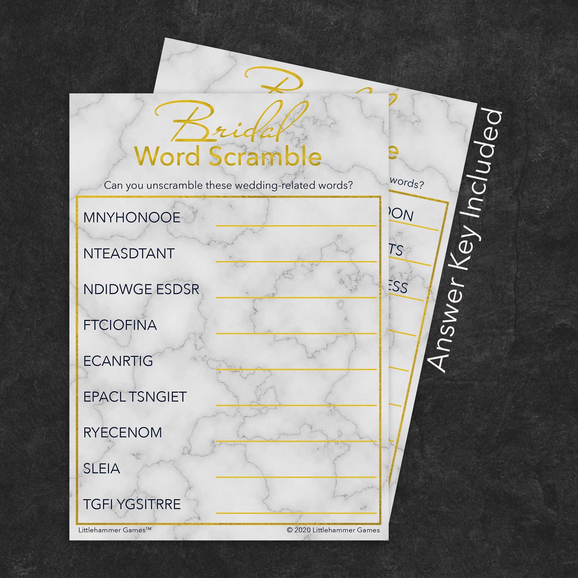 Bridal Word Scramble game card with a gold and marble background with answer card tucked behind it on a slate background with white text that says "Answer Key Included"