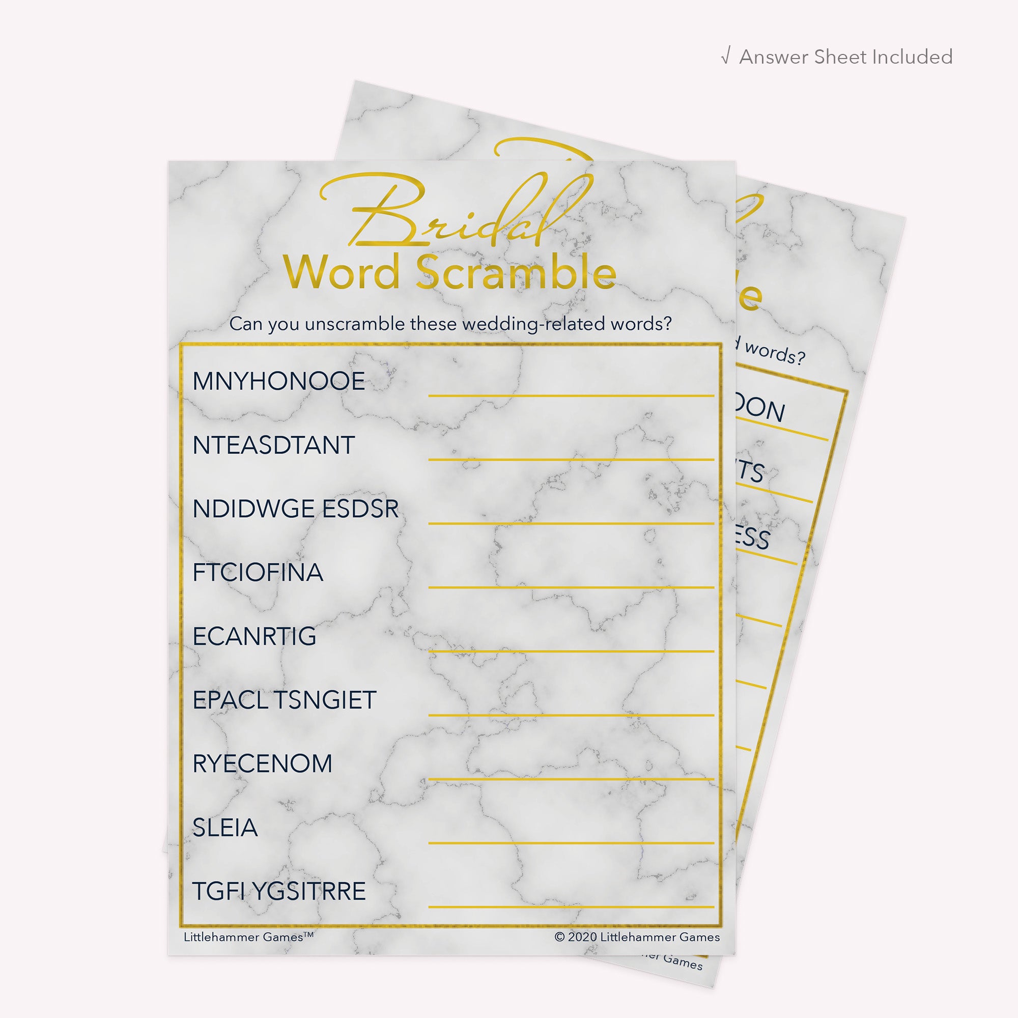 Bridal Word Scramble game card with a gold and marble background with answer card tucked behind it on a slate background with white text that says "Answer Key Included"