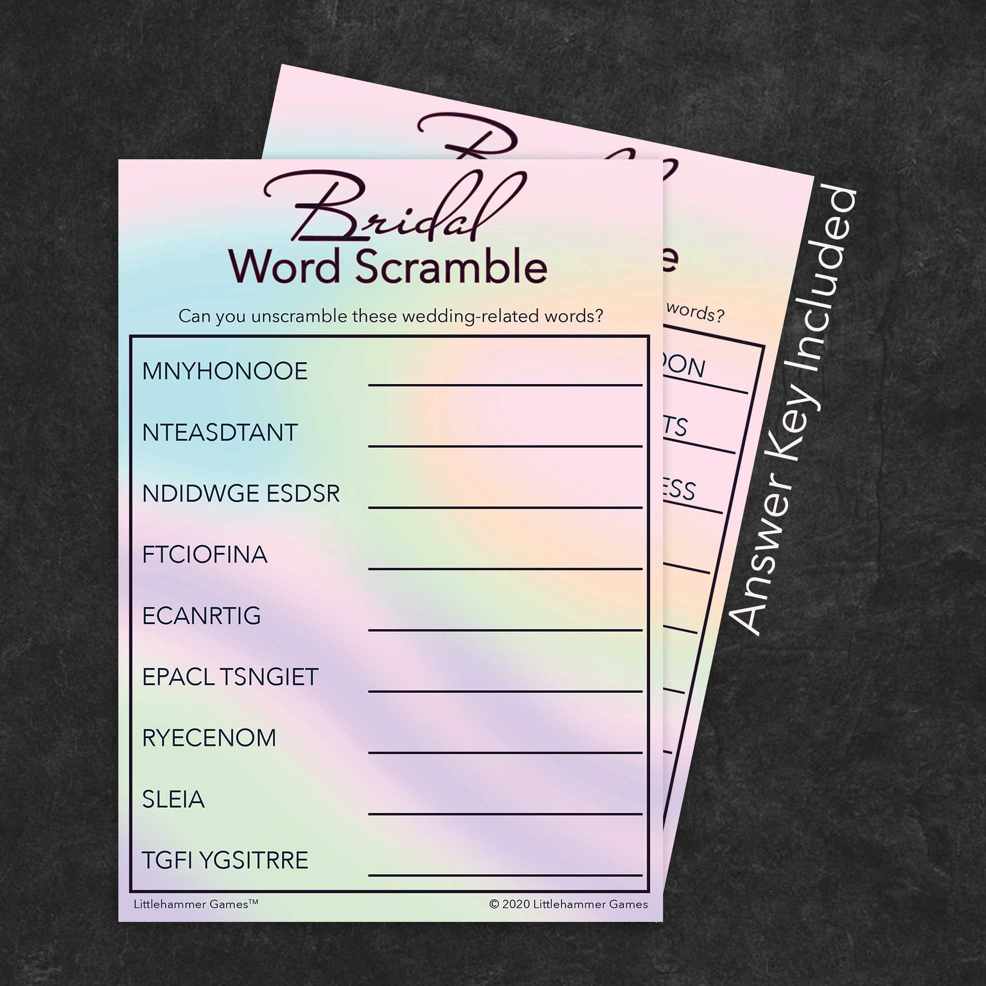 Bridal Word Scramble game card with a hologram-themed background with answer card tucked behind it on a slate background with white text that says "Answer Key Included"