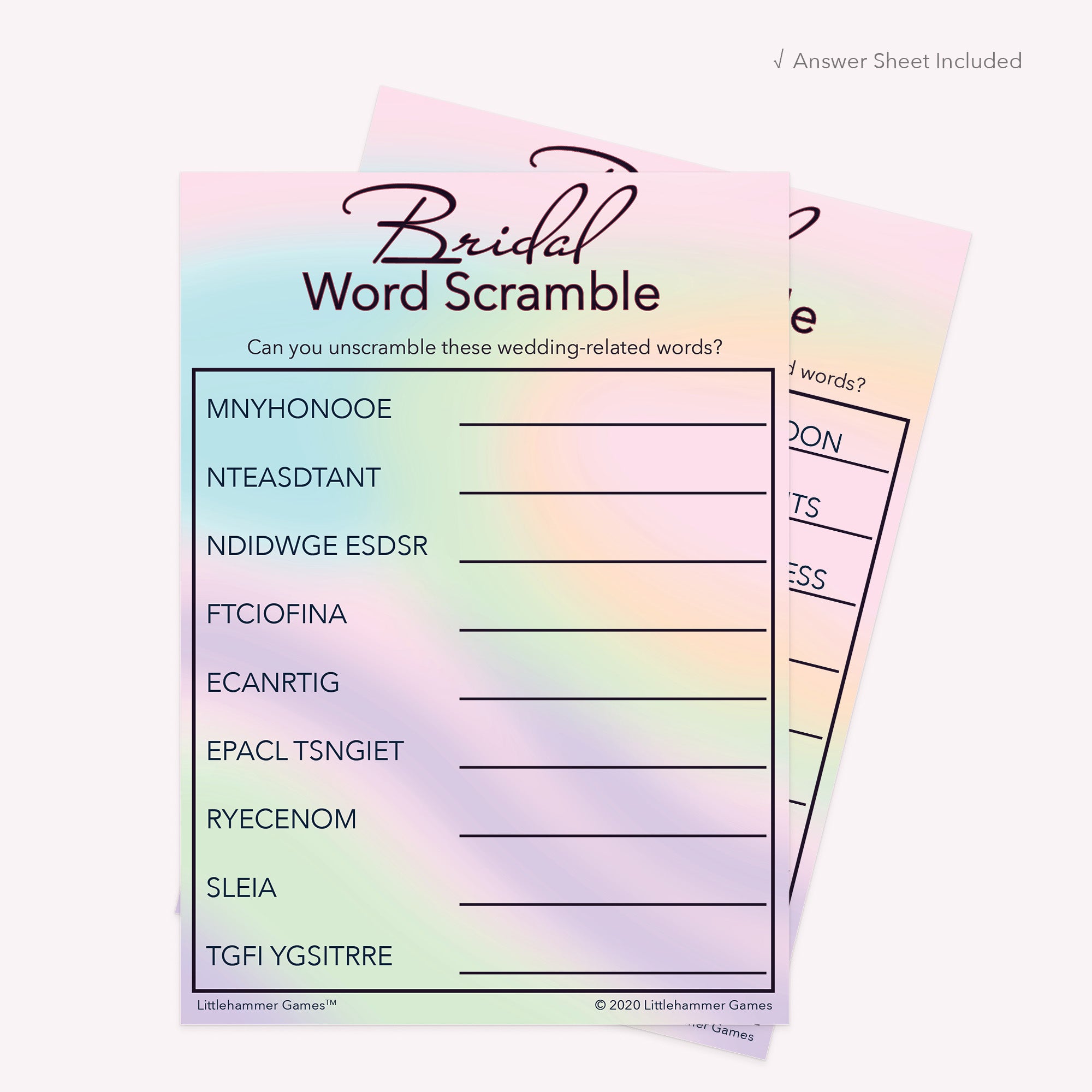 Bridal Word Scramble game card with a hologram-themed background with answer card tucked behind it on a slate background with white text that says "Answer Key Included"