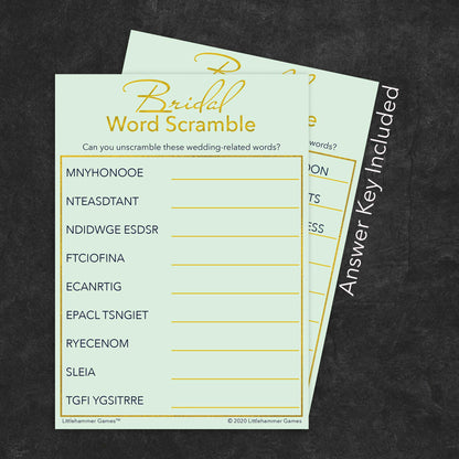 Bridal Word Scramble game card with a mint and gold background with answer card tucked behind it on a slate background with white text that says "Answer Key Included"