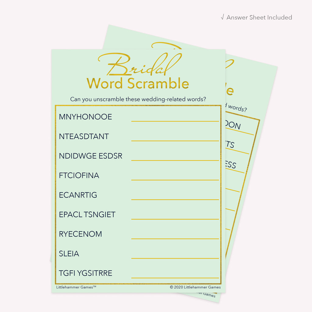 Mint green and gold Bridal Word Scramble printable card with coordinating answer sheet displayed