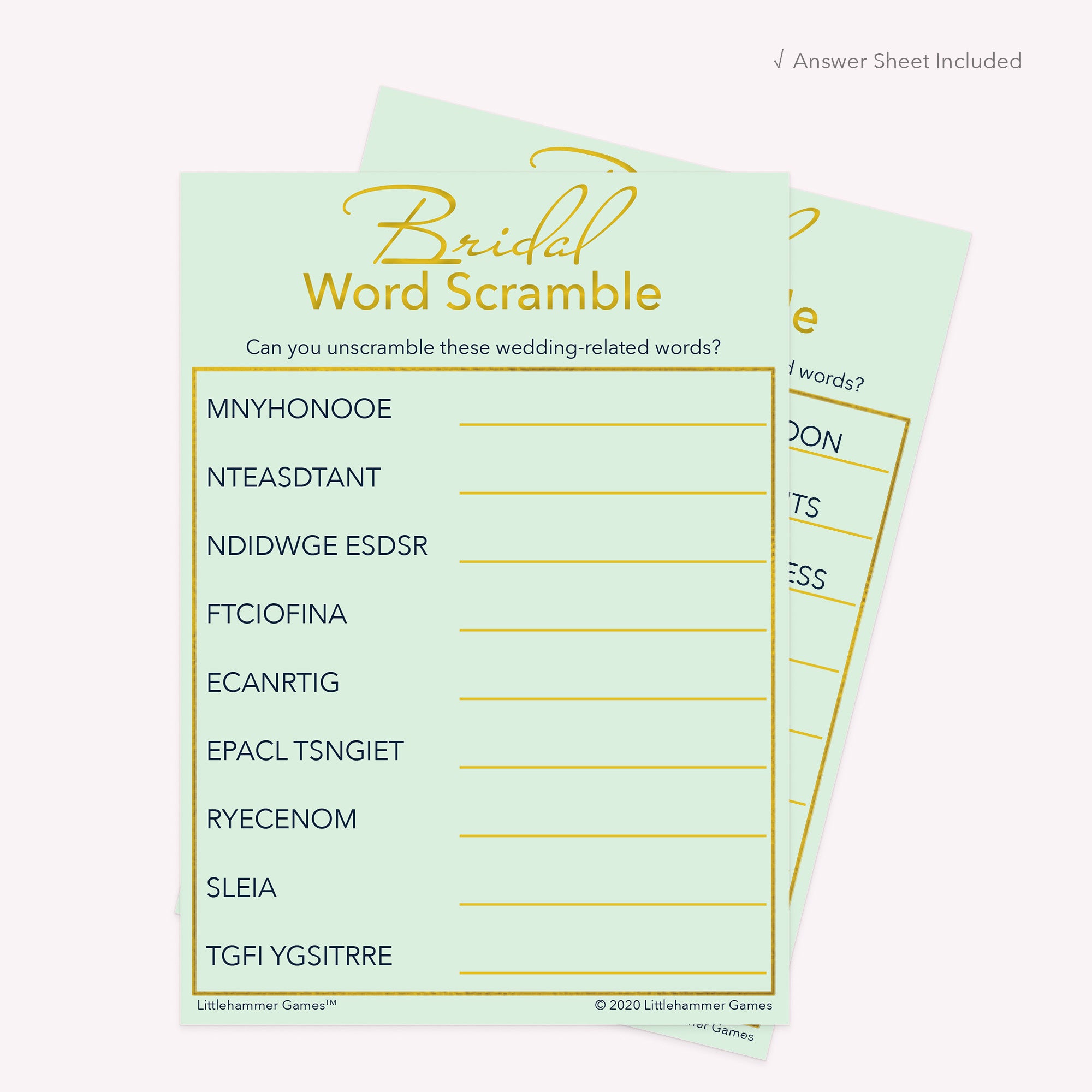 Bridal Word Scramble game card with a mint and gold background with answer card tucked behind it on a slate background with white text that says "Answer Key Included"