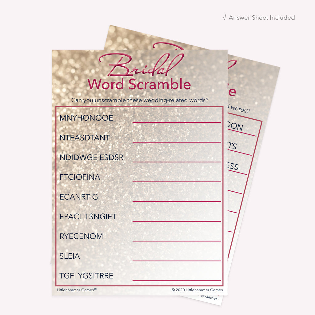 Rose gold glitter printable Bridal Word Scramble card with coordinating answer sheet displayed