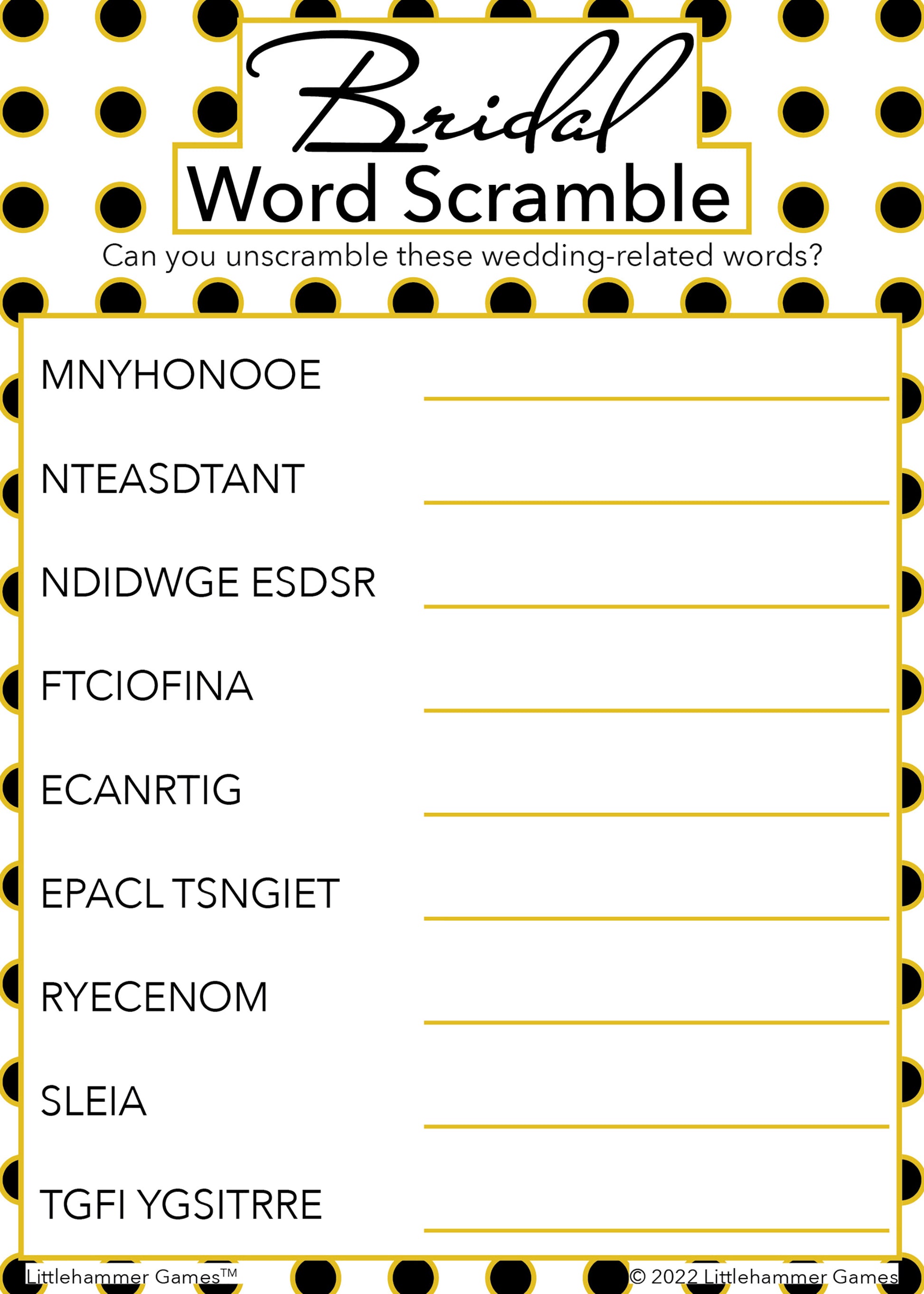Bridal Word Scramble game card with a black and gold polka dot background