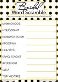 Bridal Word Scramble game card with a black and gold polka dot background