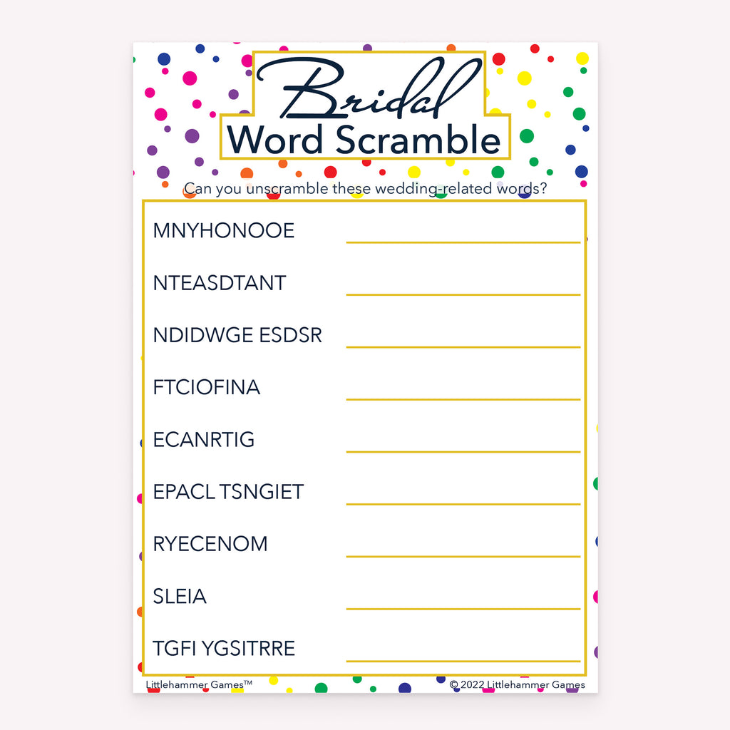 Bridal Word Scramble game card with a rainbow polka dot background