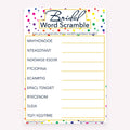 Bridal Word Scramble game card with a rainbow polka dot background