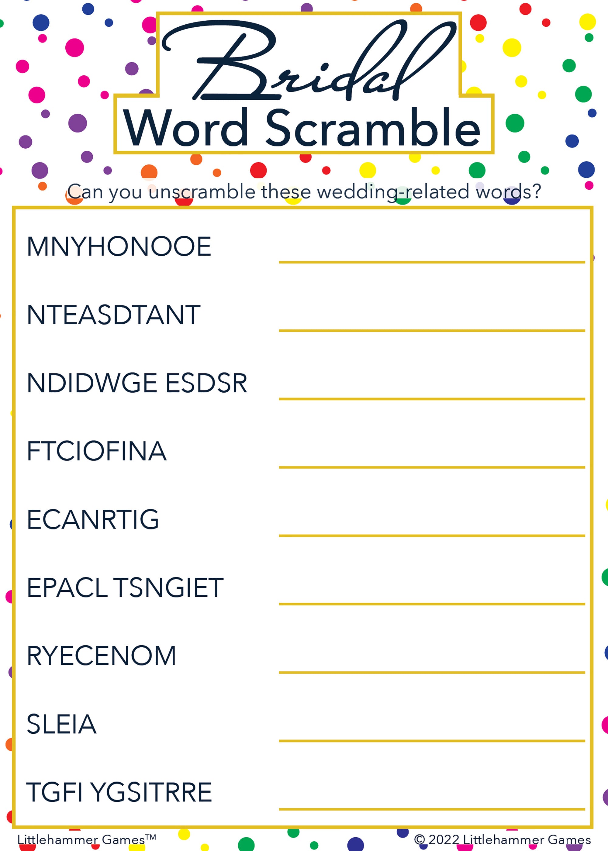 Bridal Word Scramble game card with a rainbow polka dot background