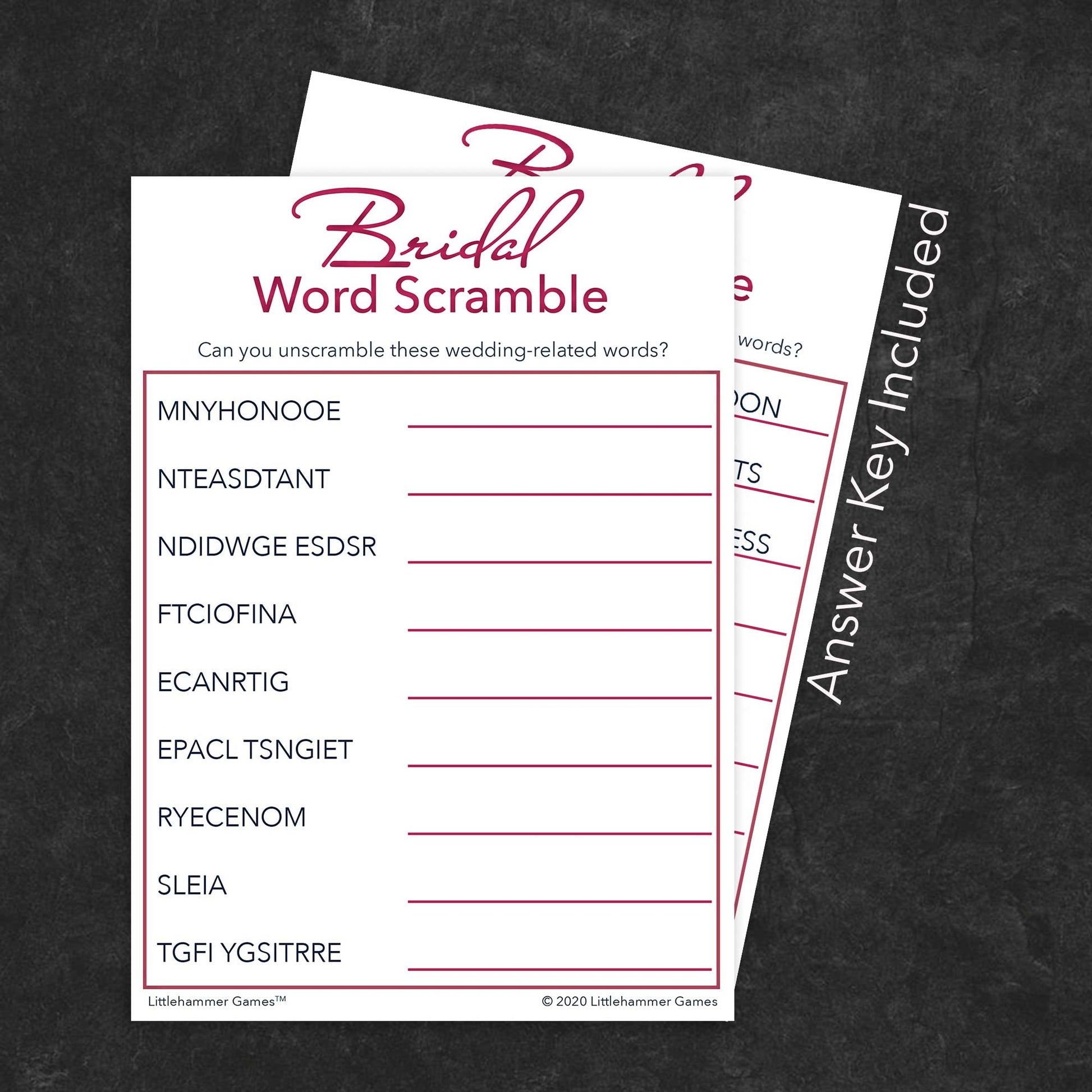Bridal Word Scramble game card with a rose gold and white background with answer card tucked behind it on a slate background with white text that says "Answer Key Included"