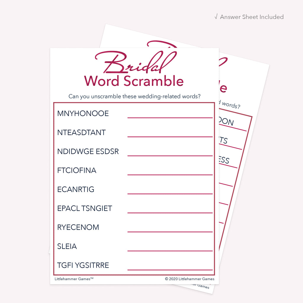 White and rose gold Bridal Word Scramble printable card with coordinating answer sheet displayed