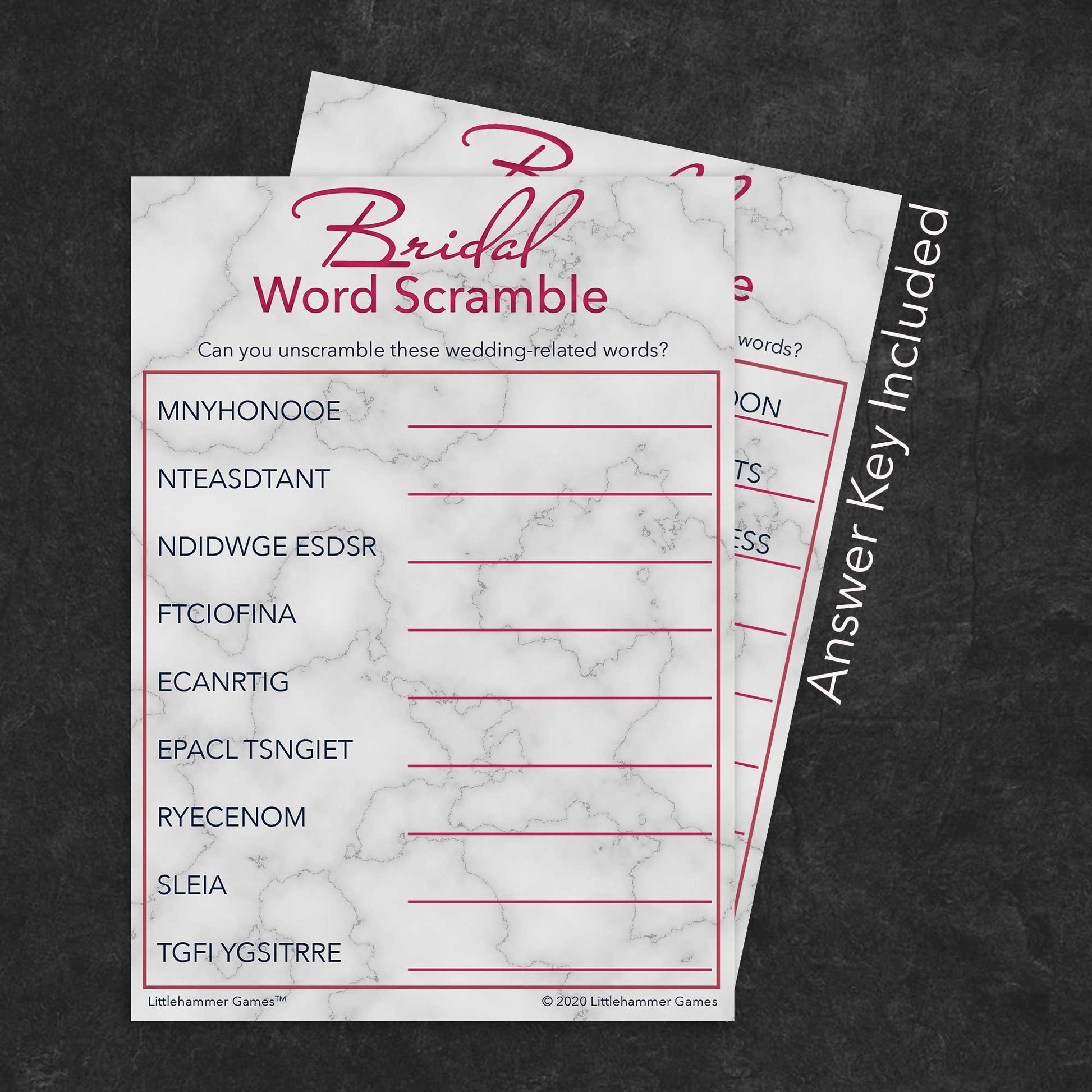 Bridal Word Scramble game card with a rose gold marble background with answer card tucked behind it on a slate background with white text that says "Answer Key Included"