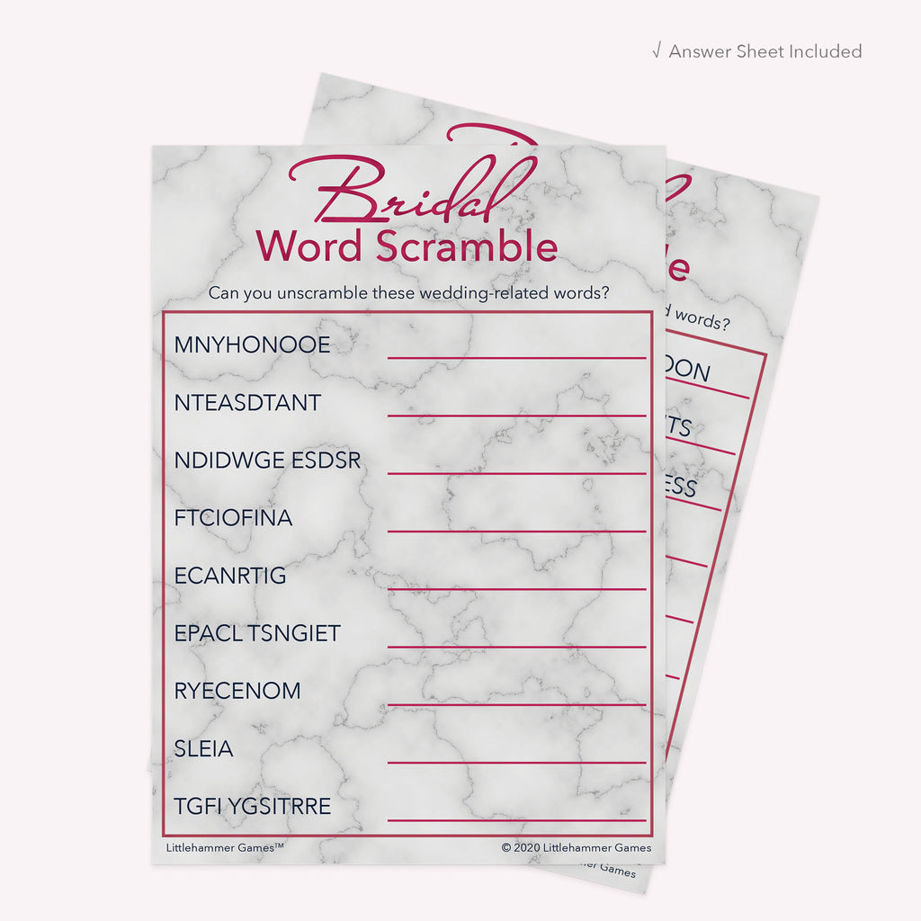 Bridal Word Scramble game card with a rose gold marble background with answer card tucked behind it on a slate background with white text that says "Answer Key Included"
