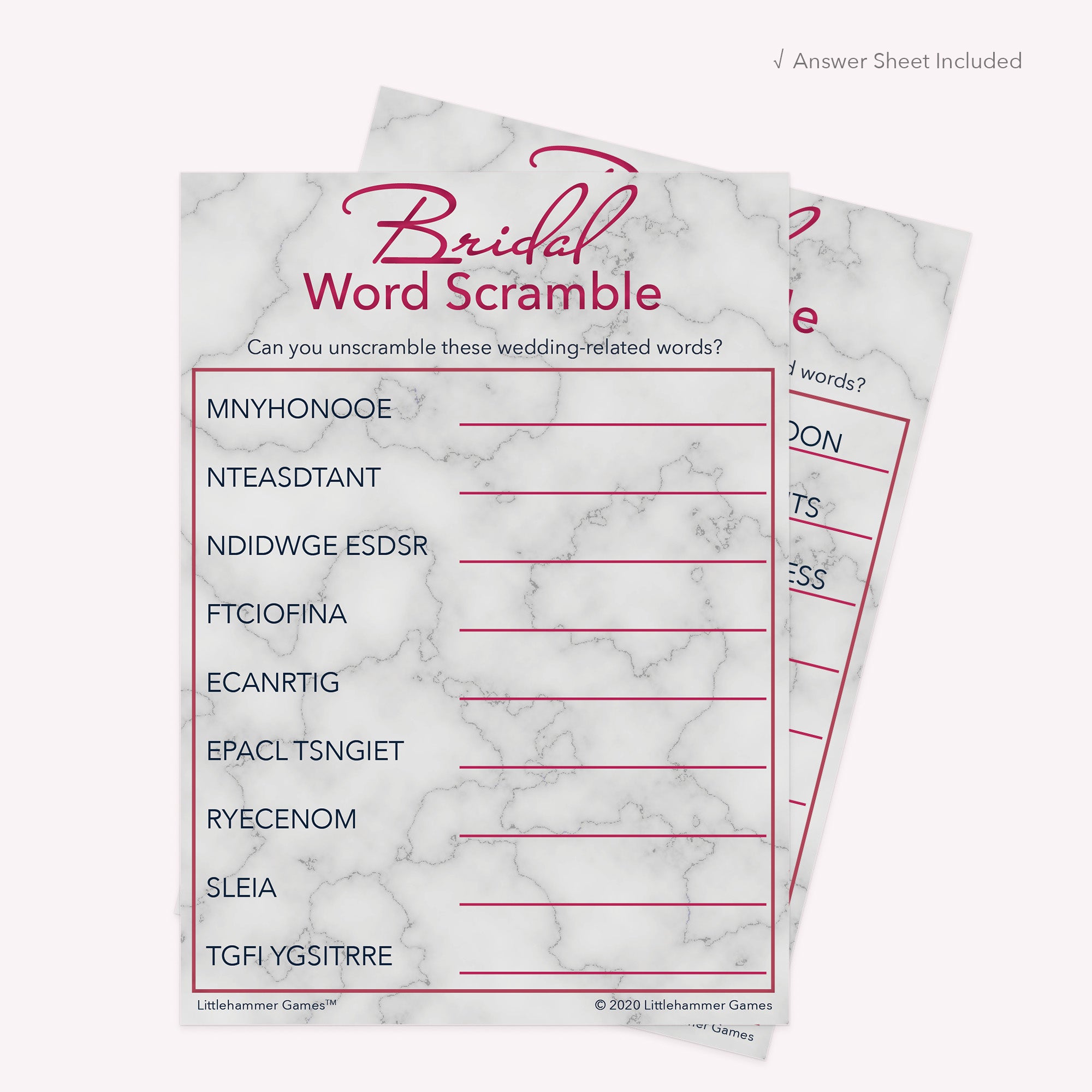 Bridal Word Scramble game card with a rose gold marble background with answer card tucked behind it on a slate background with white text that says "Answer Key Included"