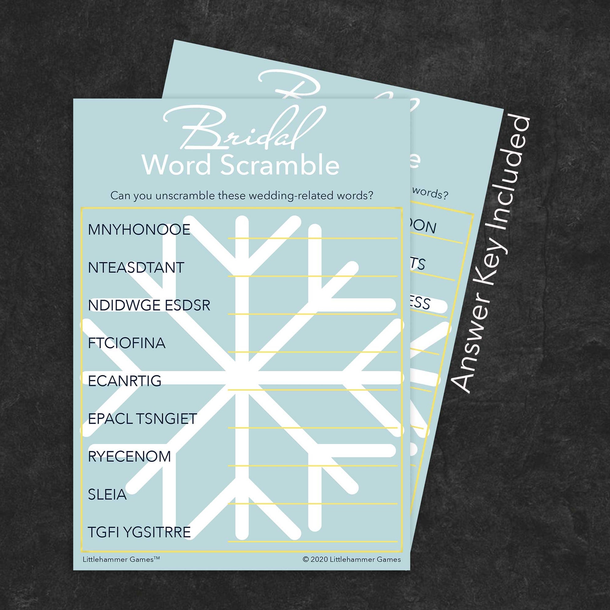 Bridal Word Scramble game card with a snowflake-themed background with answer card tucked behind it on a slate background with white text that says "Answer Key Included"