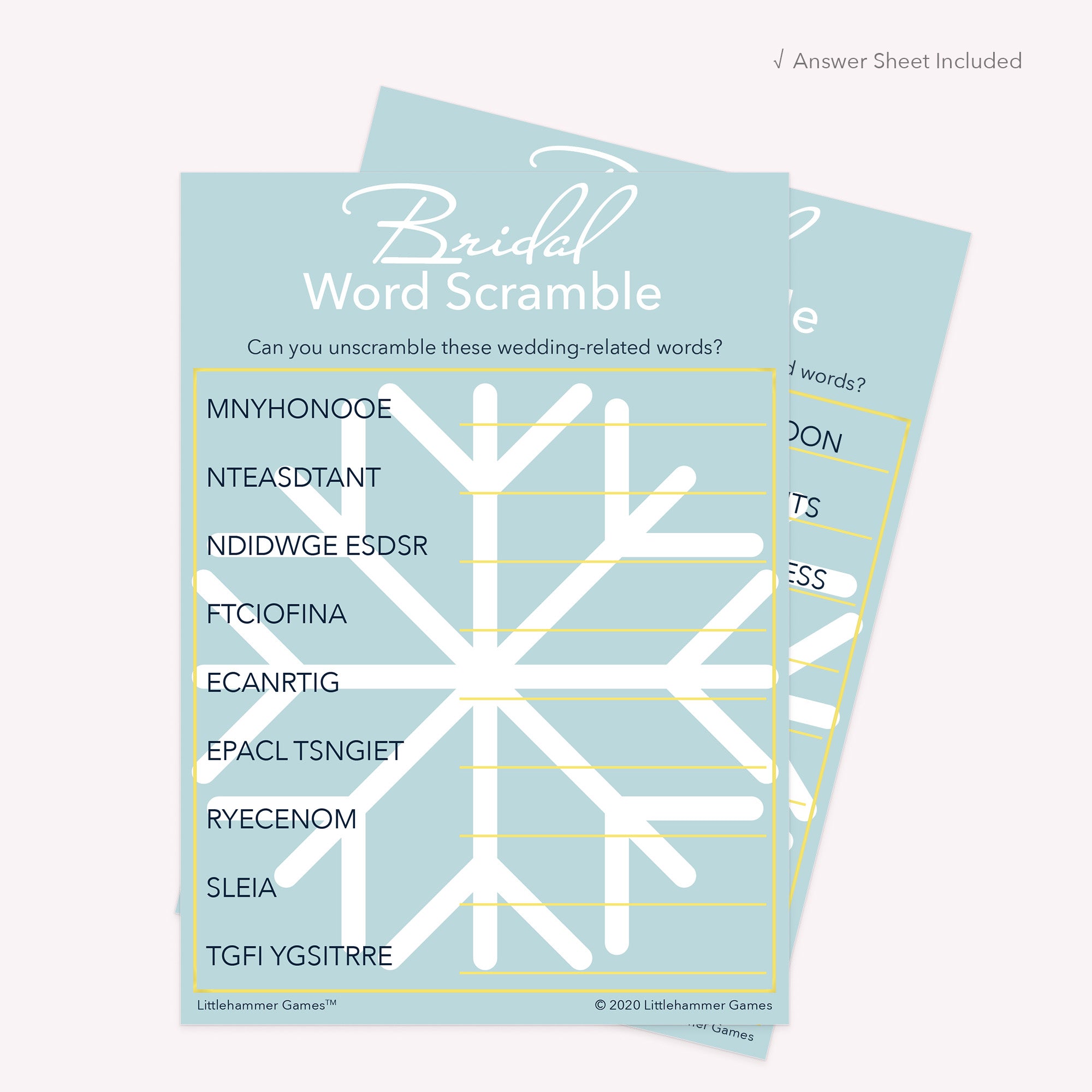 Bridal Word Scramble game card with a snowflake-themed background with answer card tucked behind it on a slate background with white text that says "Answer Key Included"