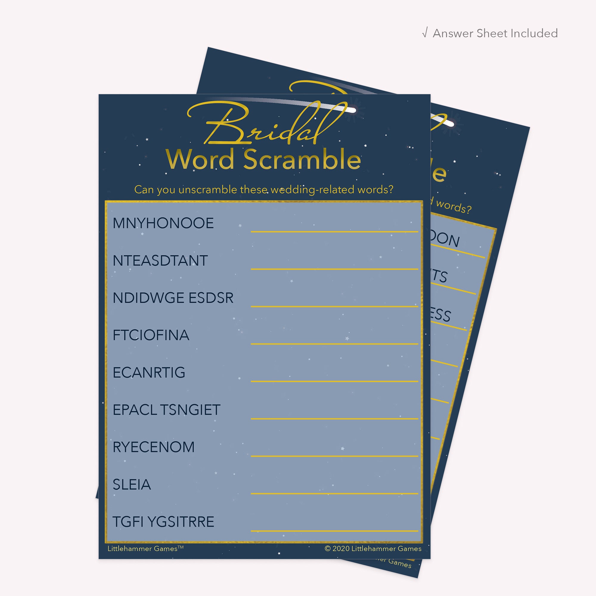 Bridal Word Scramble game card with a celestial-themed background with answer card tucked behind it on a slate background with white text that says "Answer Key Included"