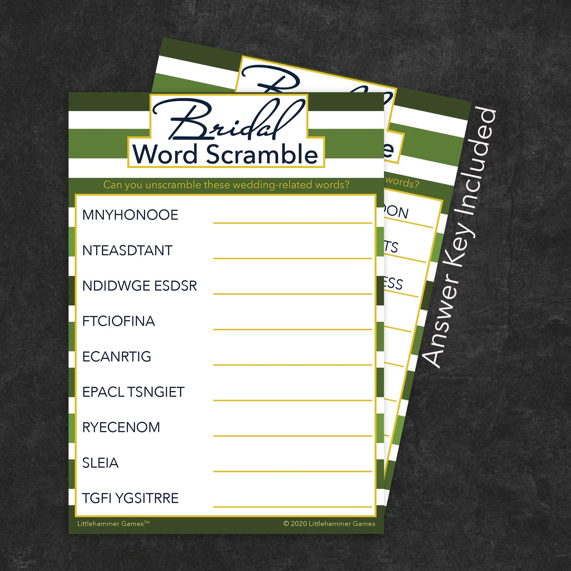 Bridal Word Scramble game card with a green-striped background with answer card tucked behind it on a slate background with white text that says "Answer Key Included"