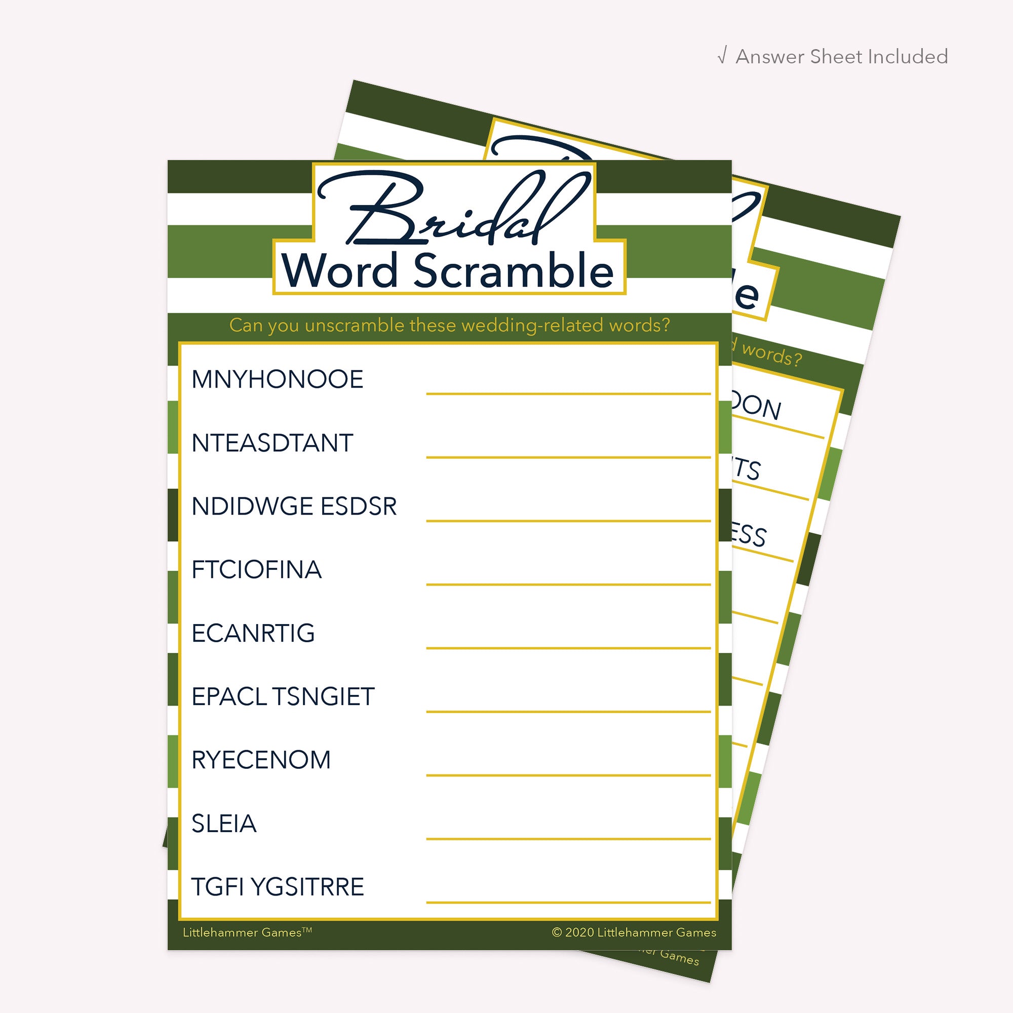 Bridal Word Scramble game card with a green-striped background with answer card tucked behind it on a slate background with white text that says "Answer Key Included"