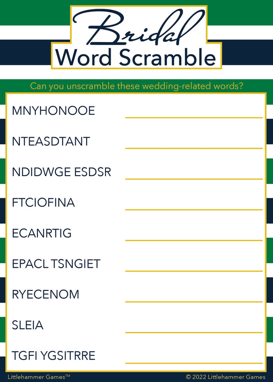 Bridal Word Scramble game card with a green and navy-striped background