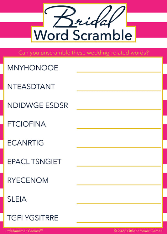 Bridal Word Scramble game card with a pink-striped background