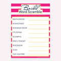 Bridal Word Scramble bridal shower printable card in pink-striped theme