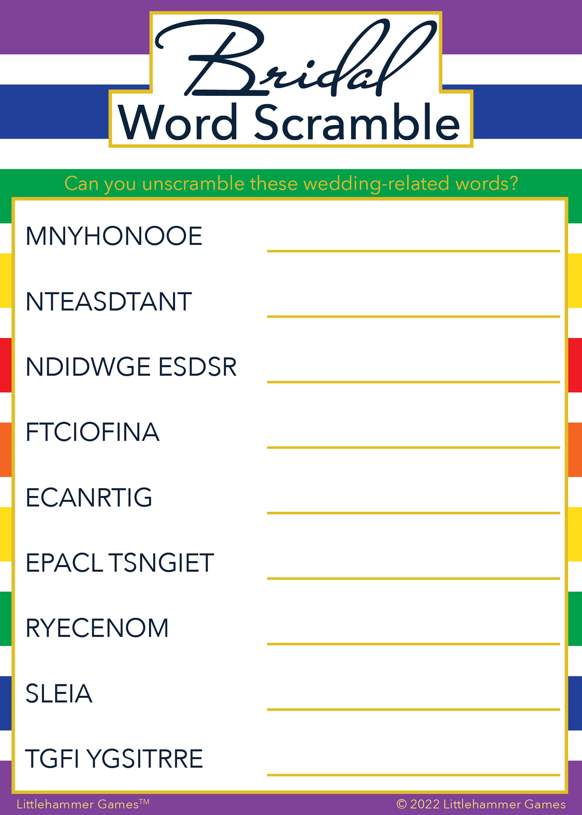 Bridal Word Scramble - Rainbow Striped Printable Game Cards ...