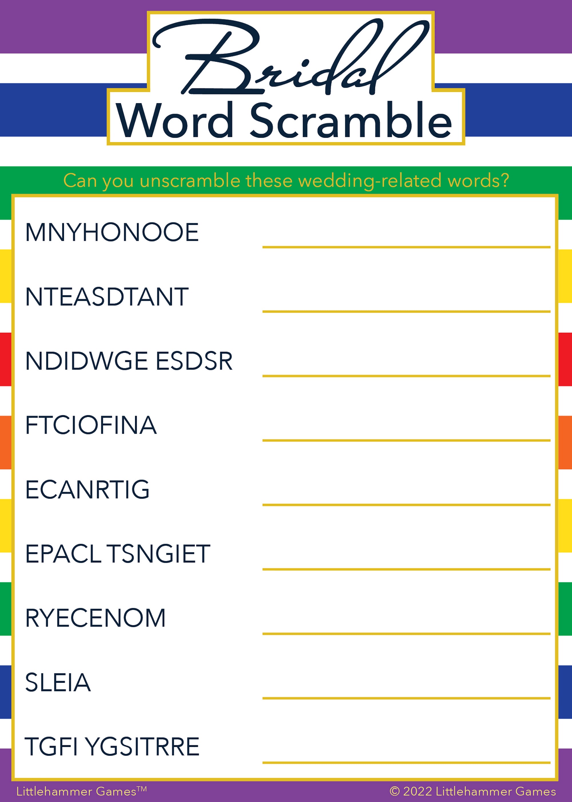 Bridal Word Scramble game card with a rainbow-striped background