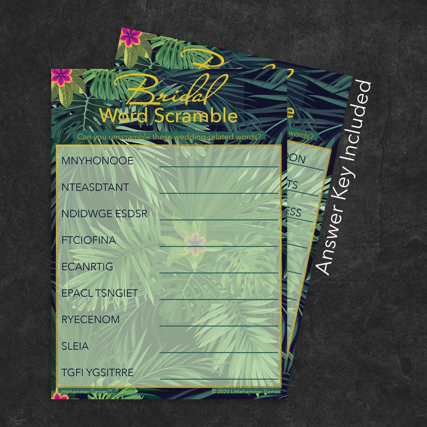 Bridal Word Scramble game card with a tropical-themed background with answer card tucked behind it on a slate background with white text that says "Answer Key Included"