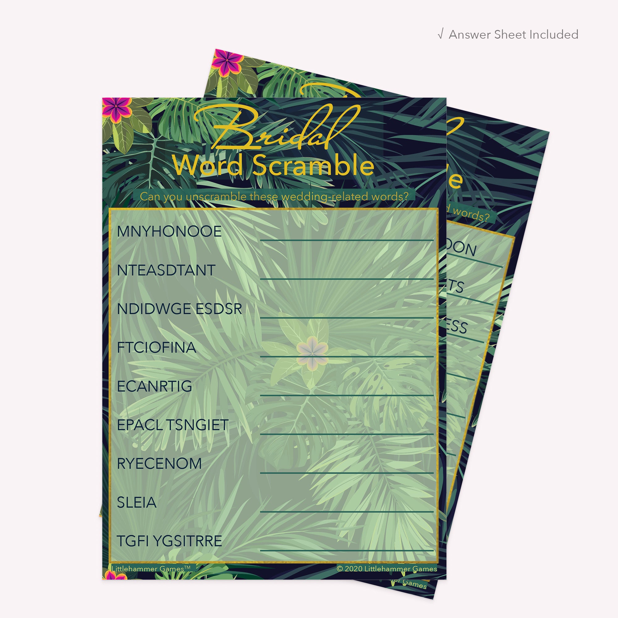 Bridal Word Scramble game card with a tropical-themed background with answer card tucked behind it on a slate background with white text that says "Answer Key Included"