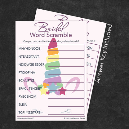 Bridal Word Scramble game card with a unicorn-themed background with answer card tucked behind it on a slate background with white text that says "Answer Key Included"