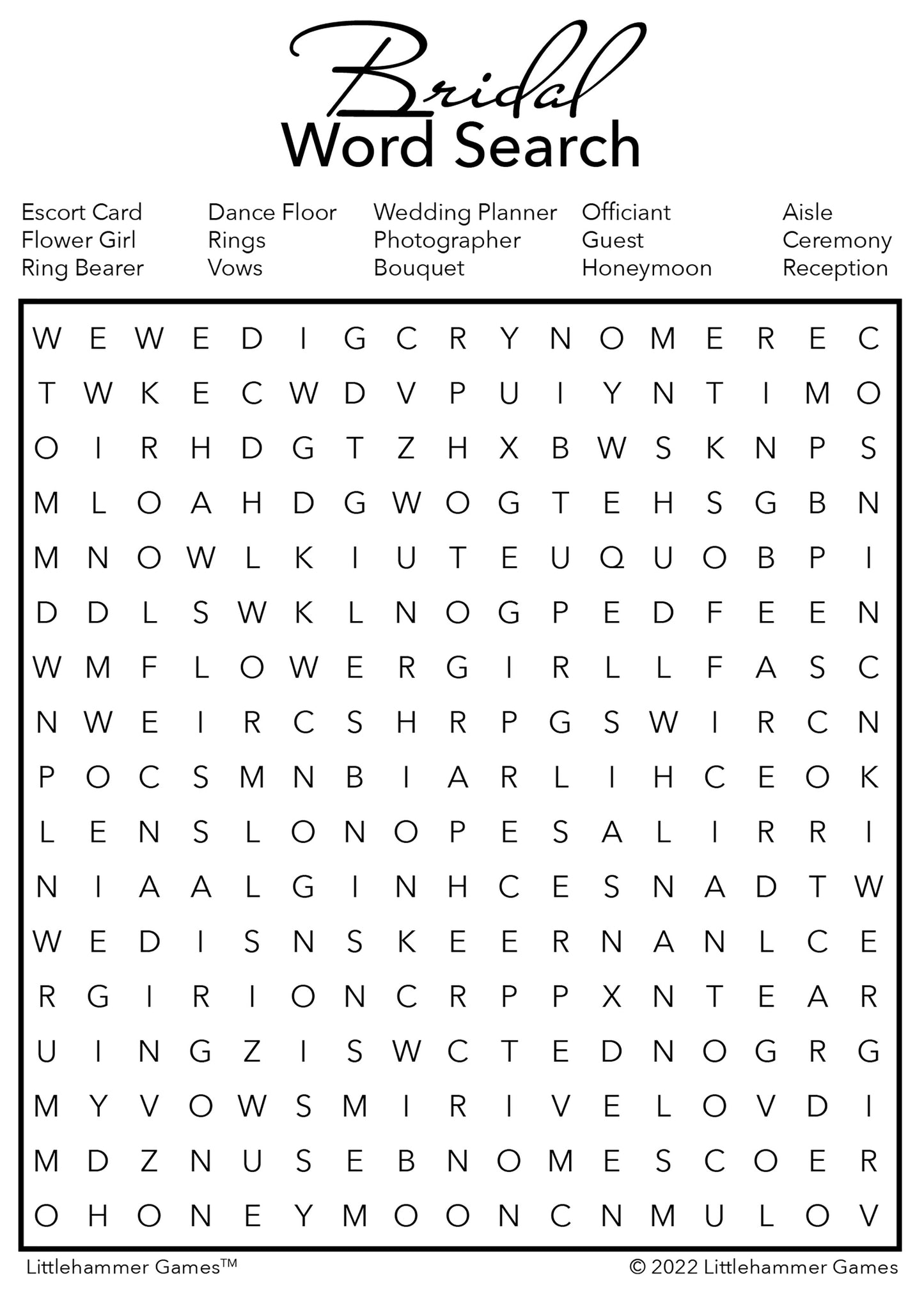 Bridal Word Search game card with a minimalist black and white background