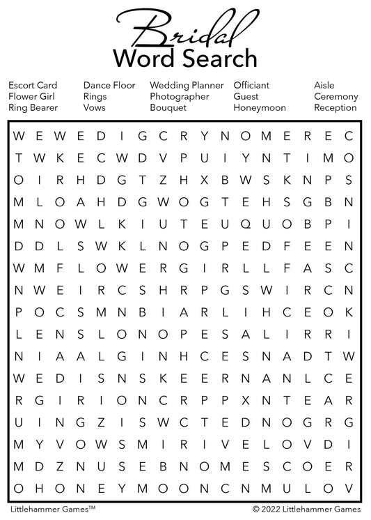Bridal Word Search game card with a minimalist black and white background
