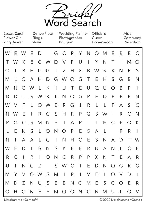 Bridal Word Search - Black and White Printable Game Cards ...