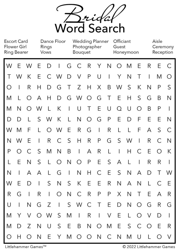 Bridal Word Search - Black and White Printable Game Cards ...